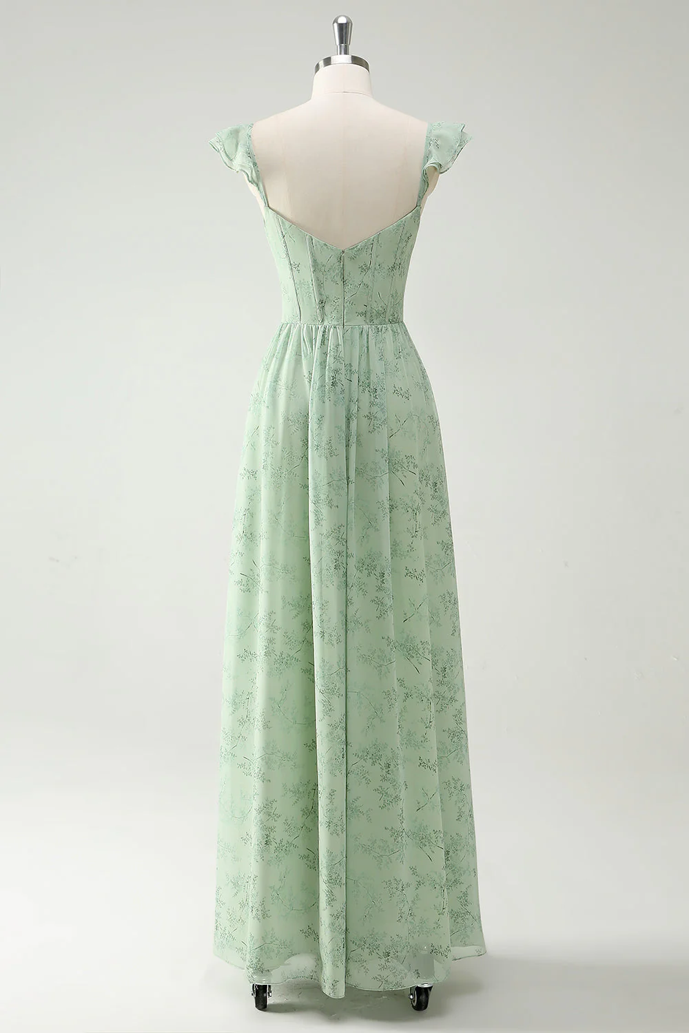 A Line Green Flower Ruffles Straps Long Corset Prom Dress with Split Front - Image 2