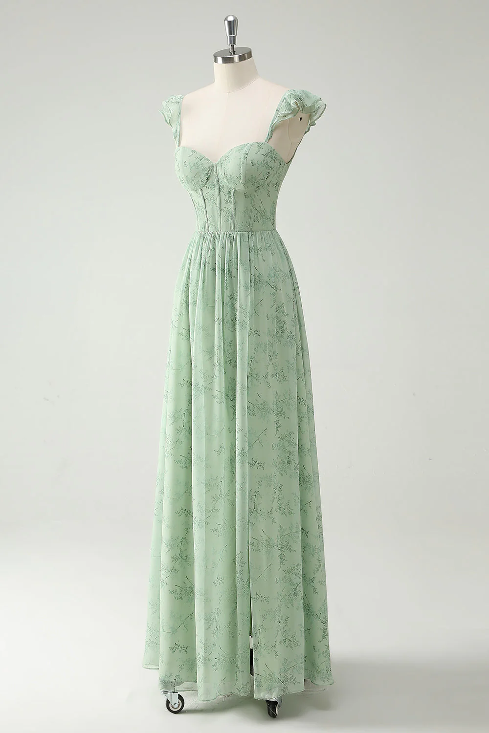 A Line Green Flower Ruffles Straps Long Corset Prom Dress with Split Front - Image 3