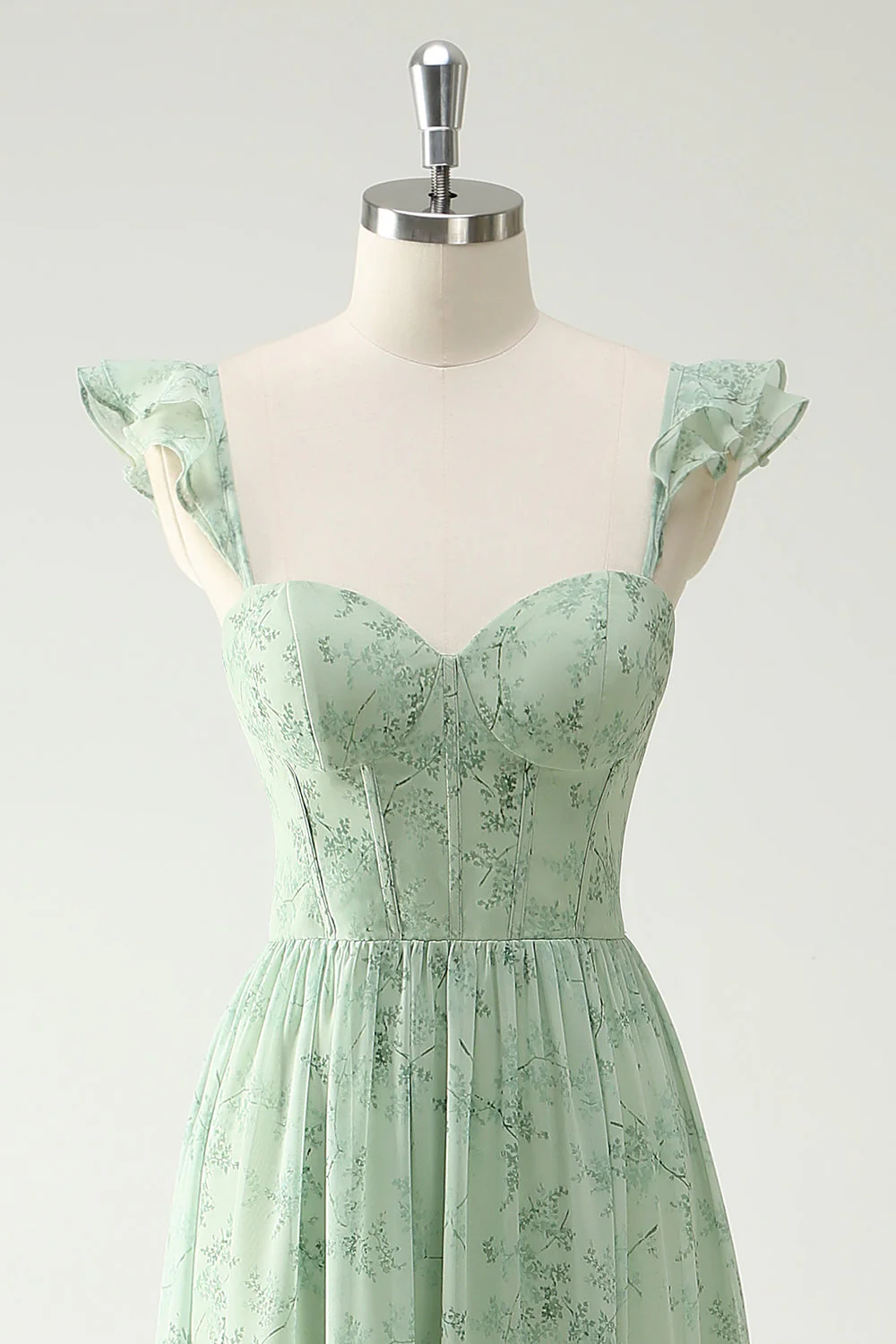 A Line Green Flower Ruffles Straps Long Corset Prom Dress with Split Front - Image 4