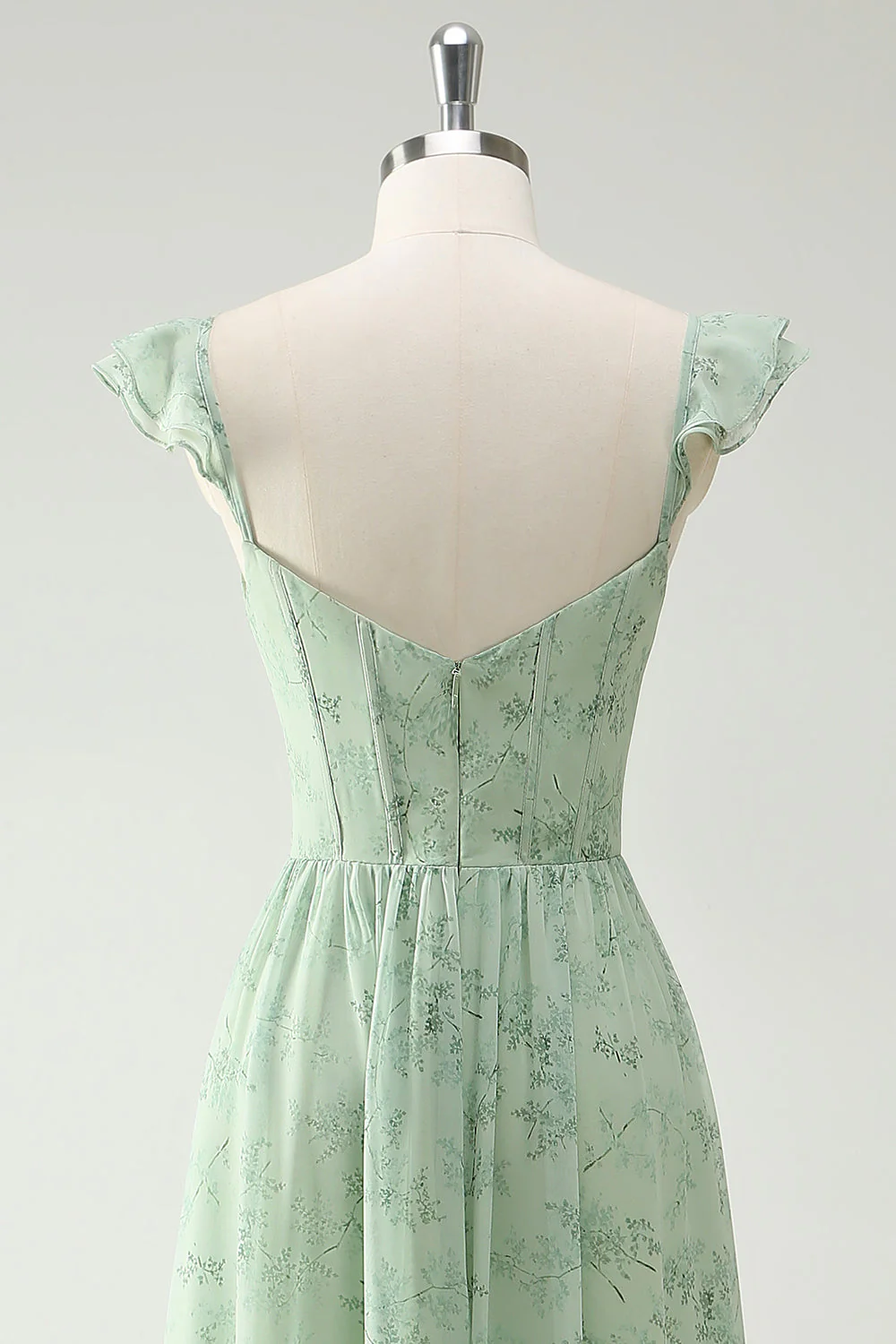 A Line Green Flower Ruffles Straps Long Corset Prom Dress with Split Front - Image 5
