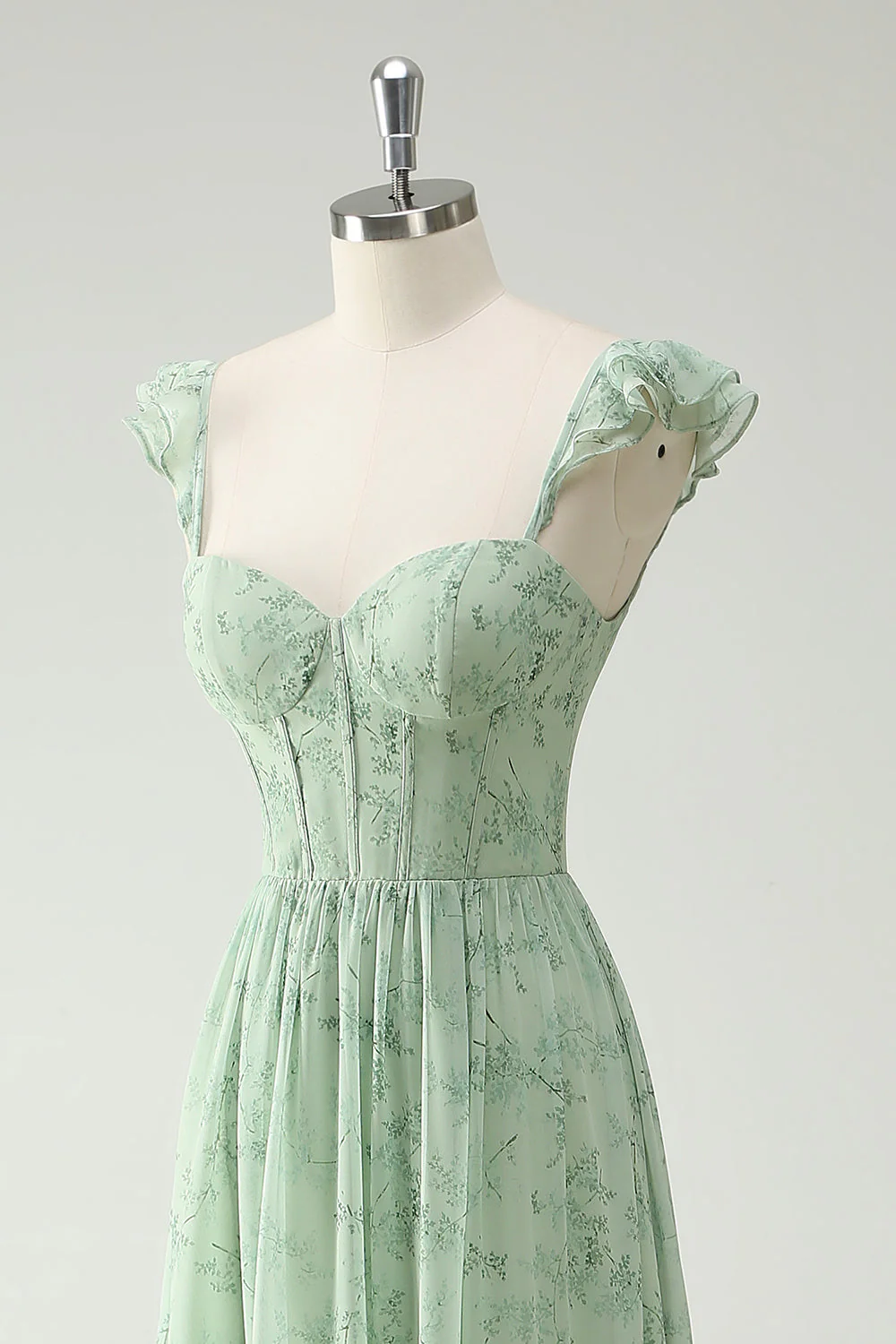 A Line Green Flower Ruffles Straps Long Corset Prom Dress with Split Front - Image 6