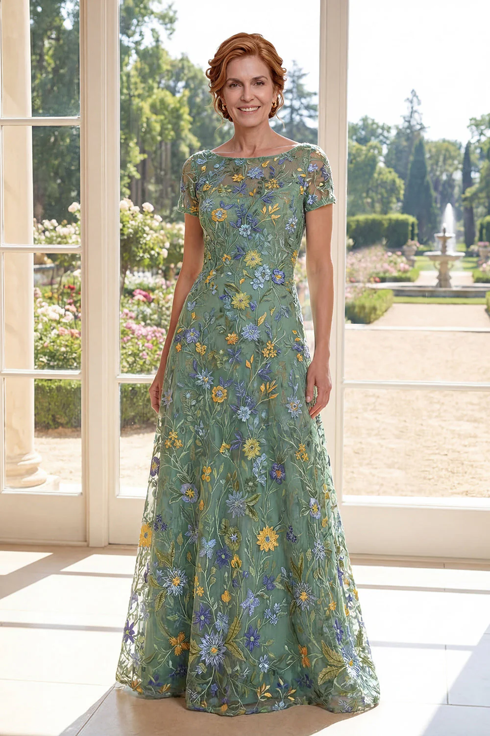 Green A-Line Short Sleeves Embroidered Mother Of the Bride Dress