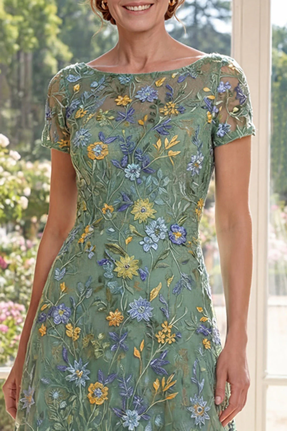 Green A-Line Short Sleeves Embroidered Mother Of the Bride Dress - Image 3