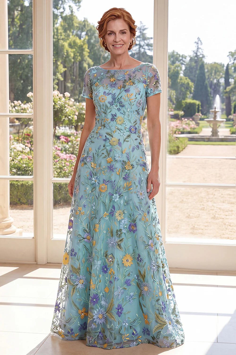 Green A-Line Short Sleeves Embroidered Mother Of the Bride Dress - Image 6