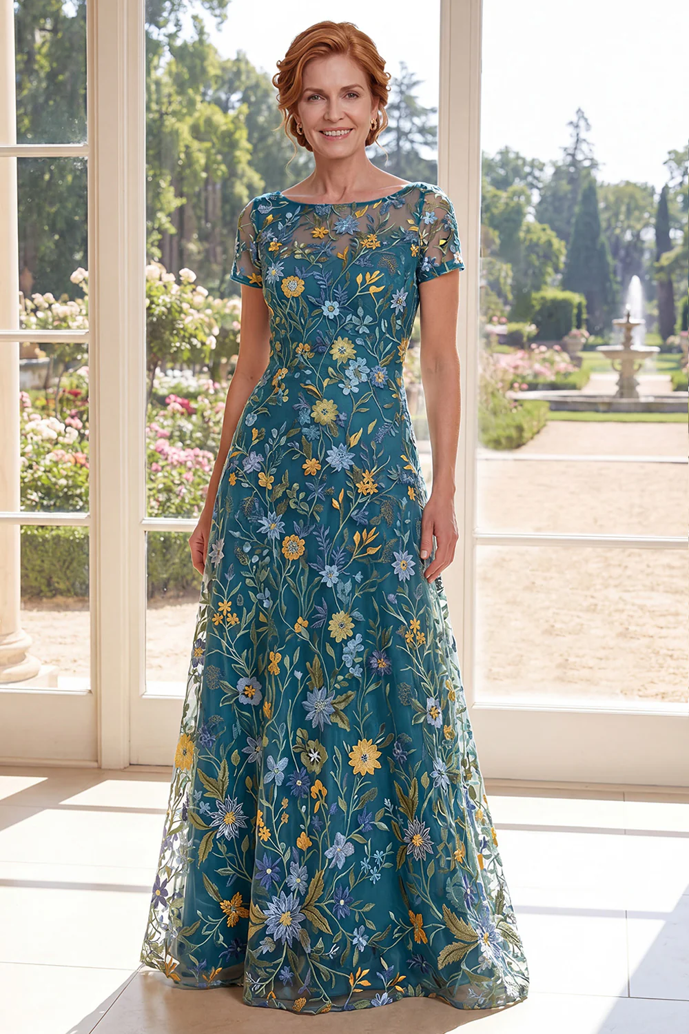 Green A-Line Short Sleeves Embroidered Mother Of the Bride Dress - Image 7