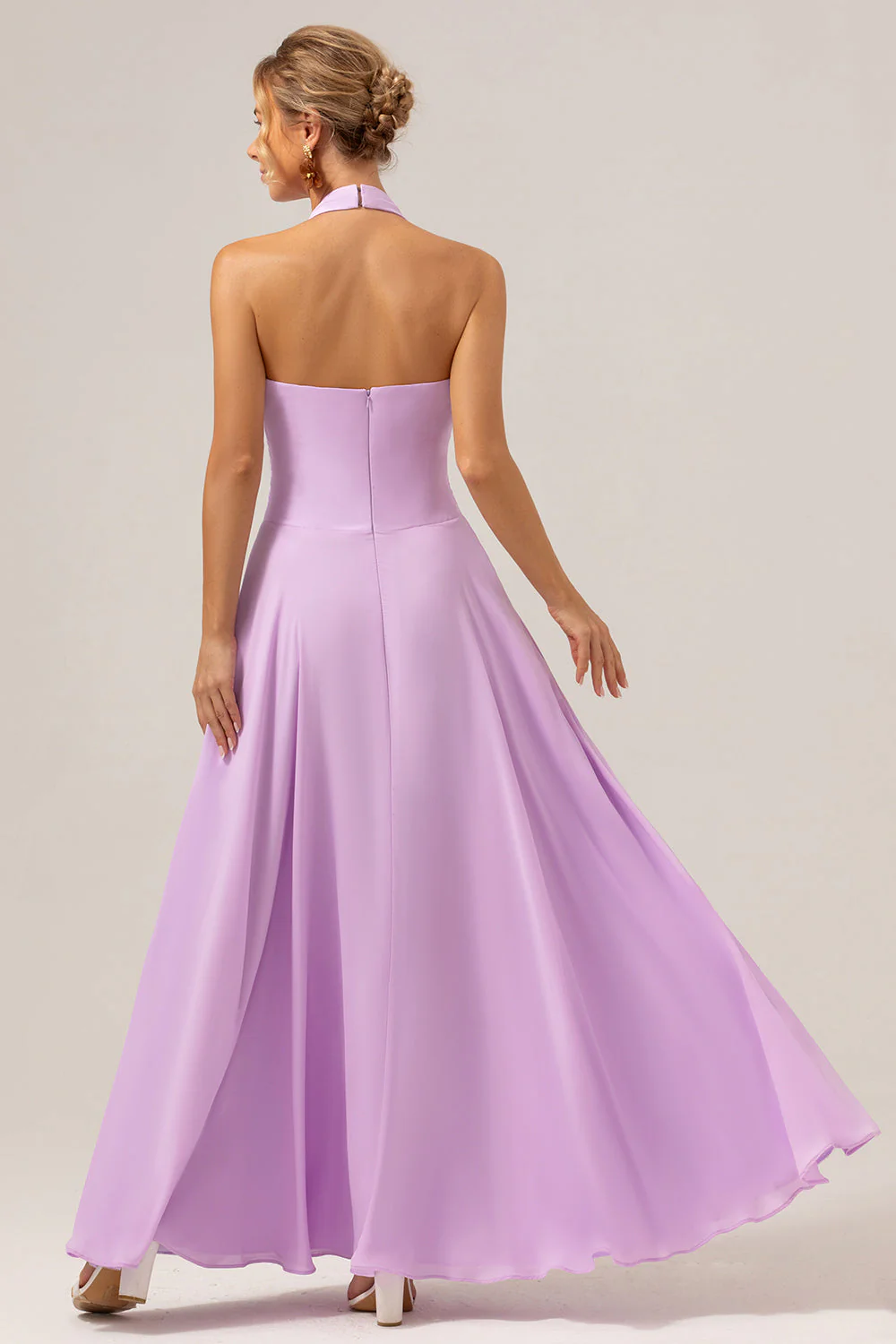 A Line Halter Chiffon Backless Long Purple Bridesmaid Dress - Image 2