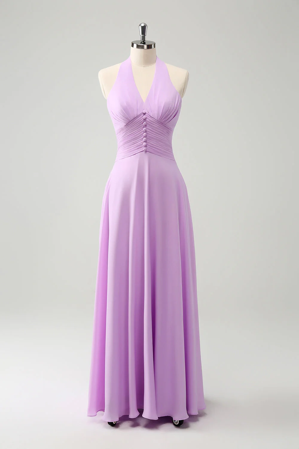 A Line Halter Chiffon Backless Long Purple Bridesmaid Dress - Image 3