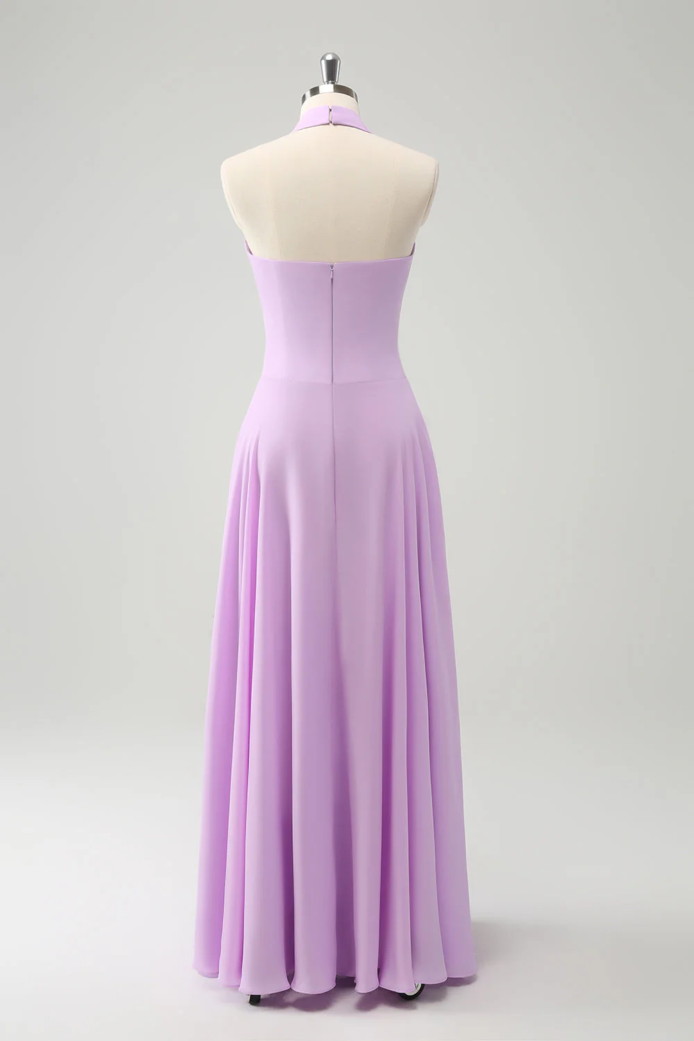 A Line Halter Chiffon Backless Long Purple Bridesmaid Dress - Image 4