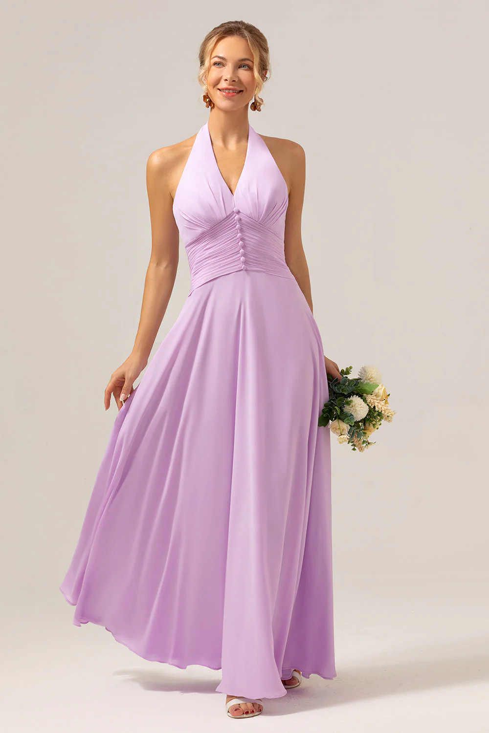 A Line Halter Chiffon Backless Long Purple Bridesmaid Dress - Image 5
