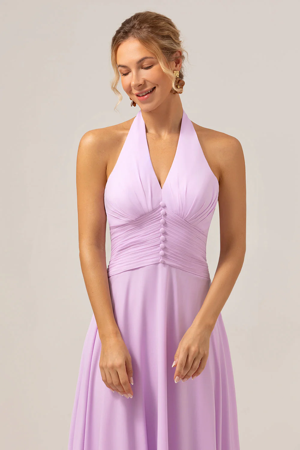 A Line Halter Chiffon Backless Long Purple Bridesmaid Dress - Image 6