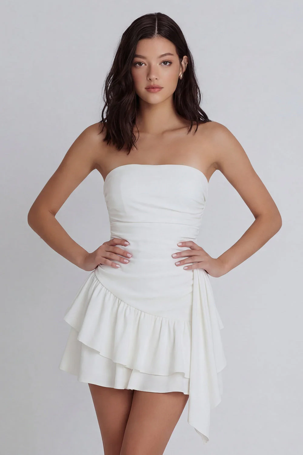 A-Line Ivory Strapless Ruched Graduation Dress with Ruffles