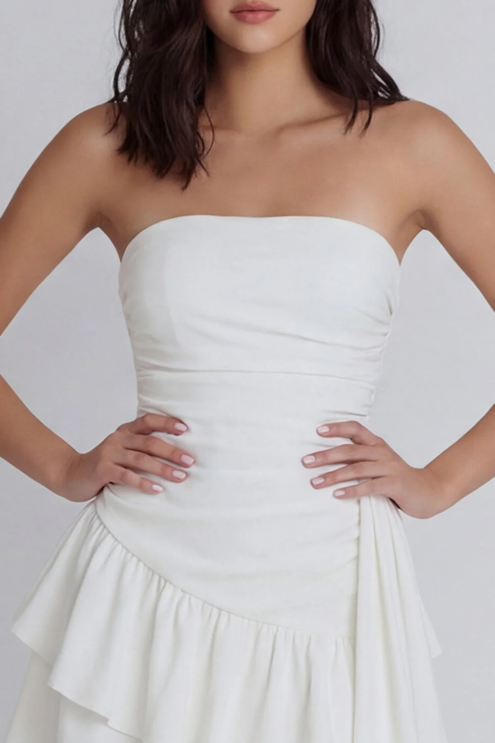 A-Line Ivory Strapless Ruched Graduation Dress with Ruffles - Image 3