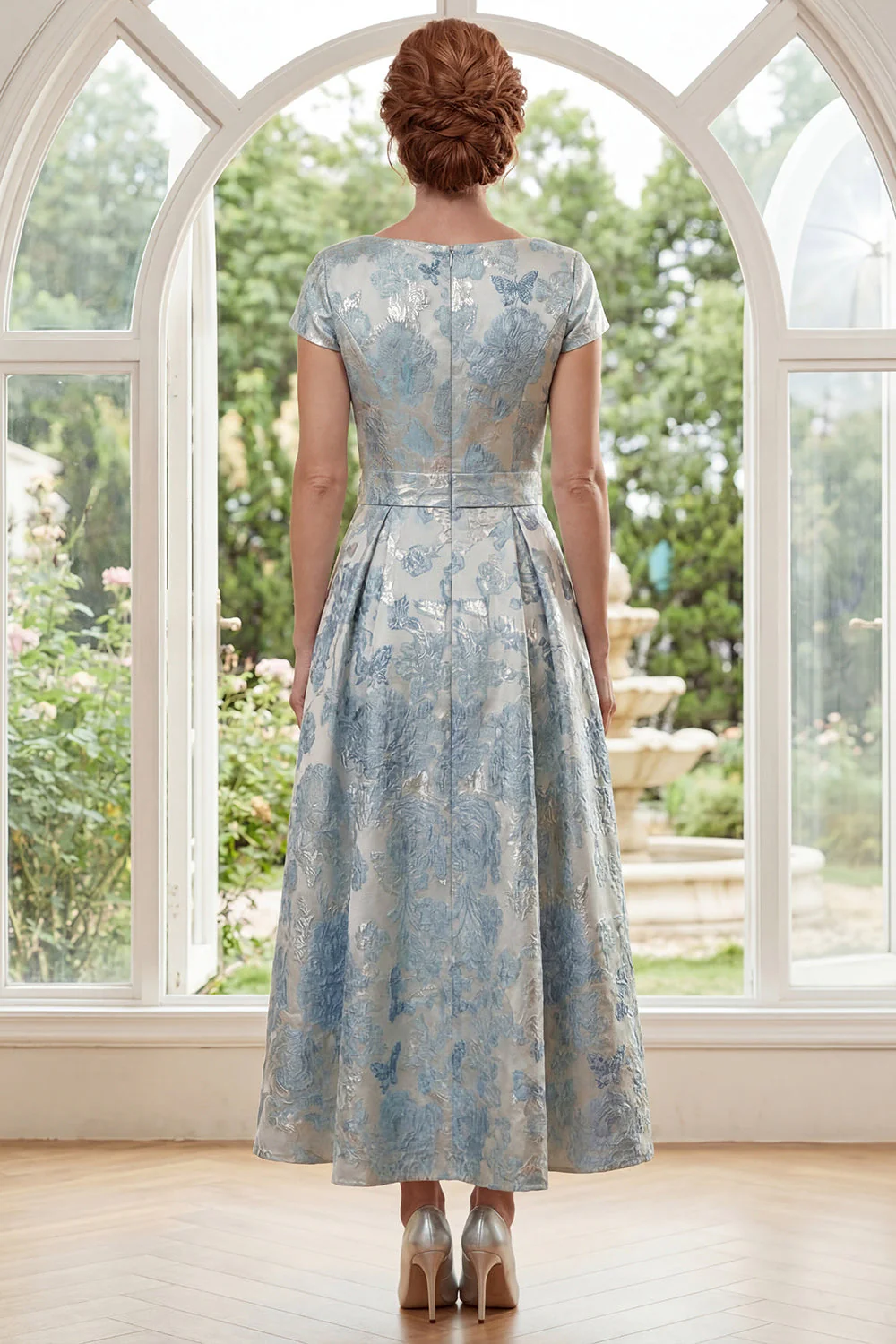 Blue A-Line Jacquard Bateau Neck Long Mother Of the Bride Dress - Image 2