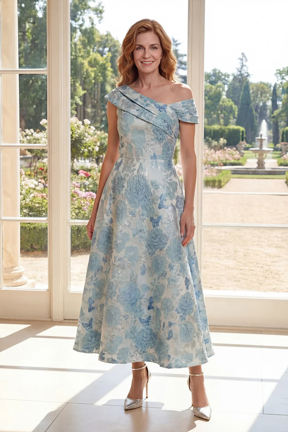 Blue Floral A Line Jacquard One Shoulder Mother Of the Bride Dress