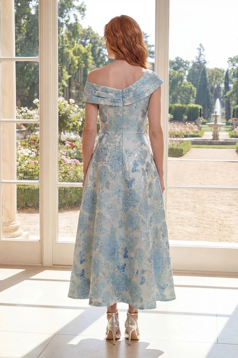 Blue Floral A Line Jacquard One Shoulder Mother Of the Bride Dress - Image 2