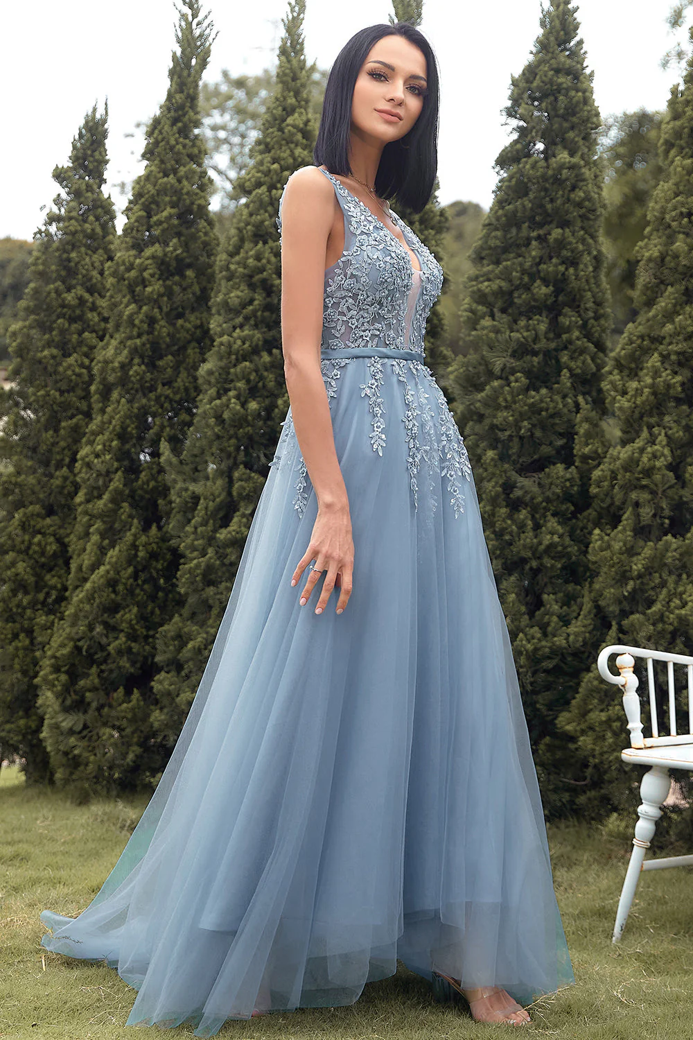A-line Long Blue Prom Dress with Appliques - Image 5
