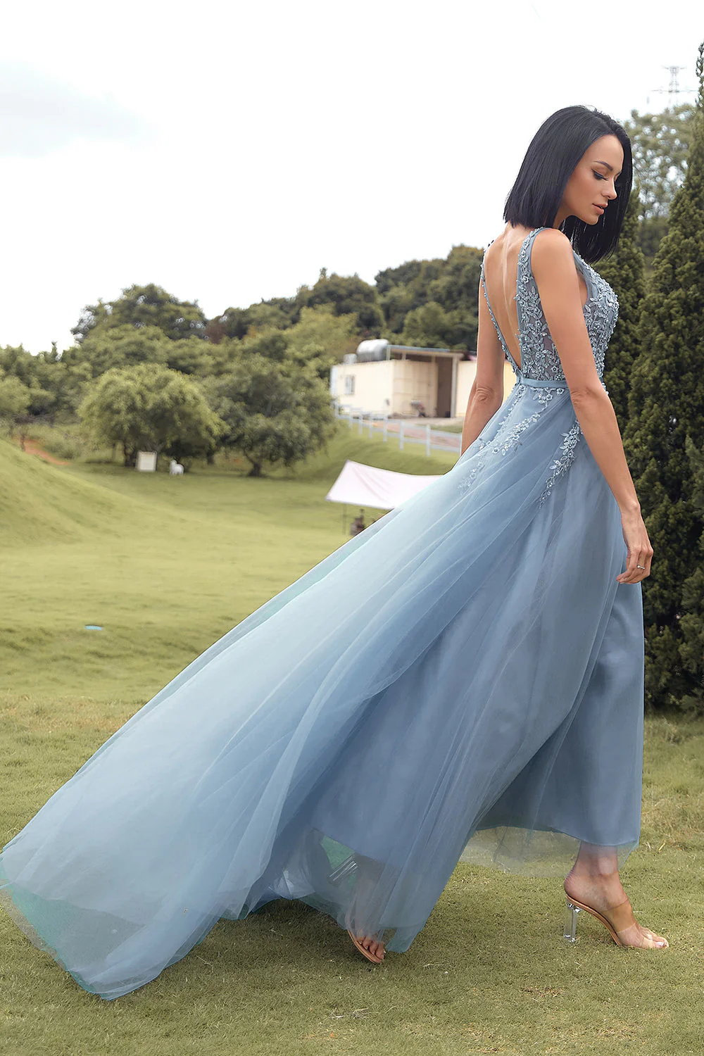 A-line Long Blue Prom Dress with Appliques - Image 6