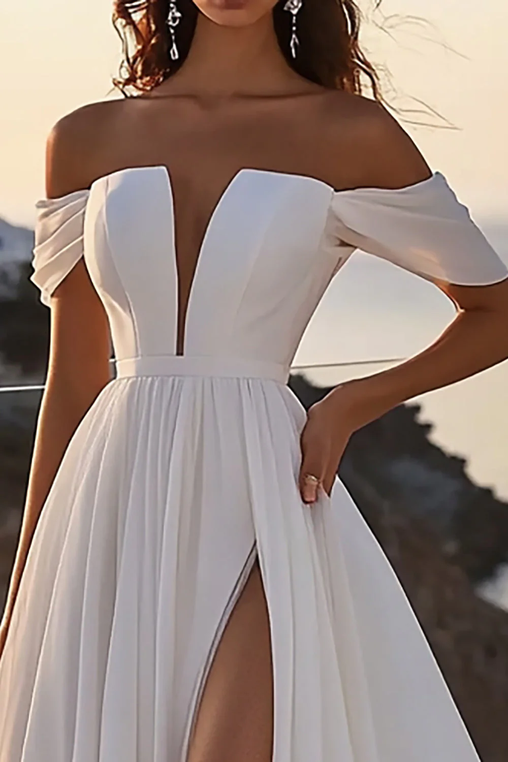 A Line Ivory Off The Shoulder Long Wedding Dress with Slit - Image 2