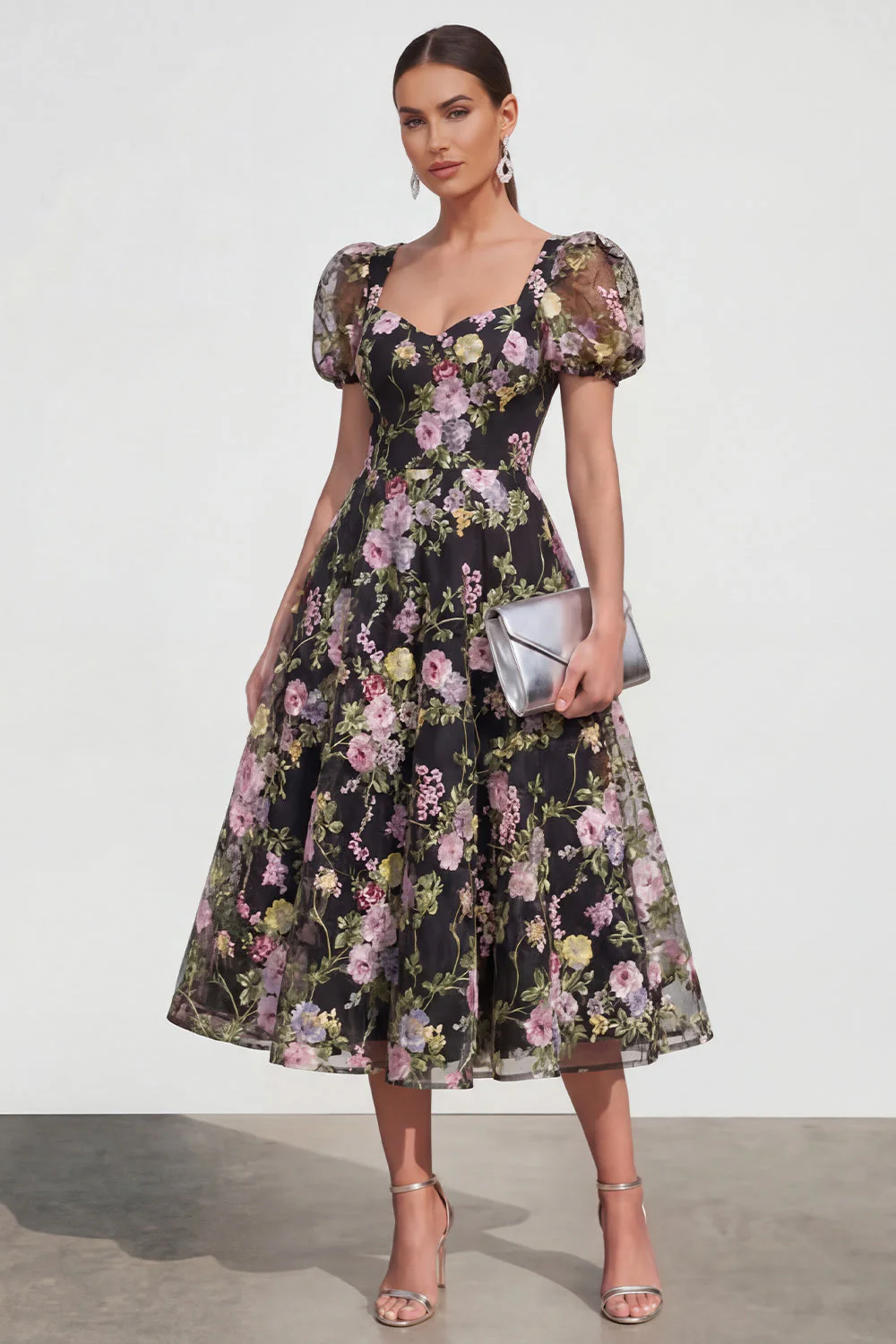 A Line Midi Multi Floral Dress with Puff Sleeves