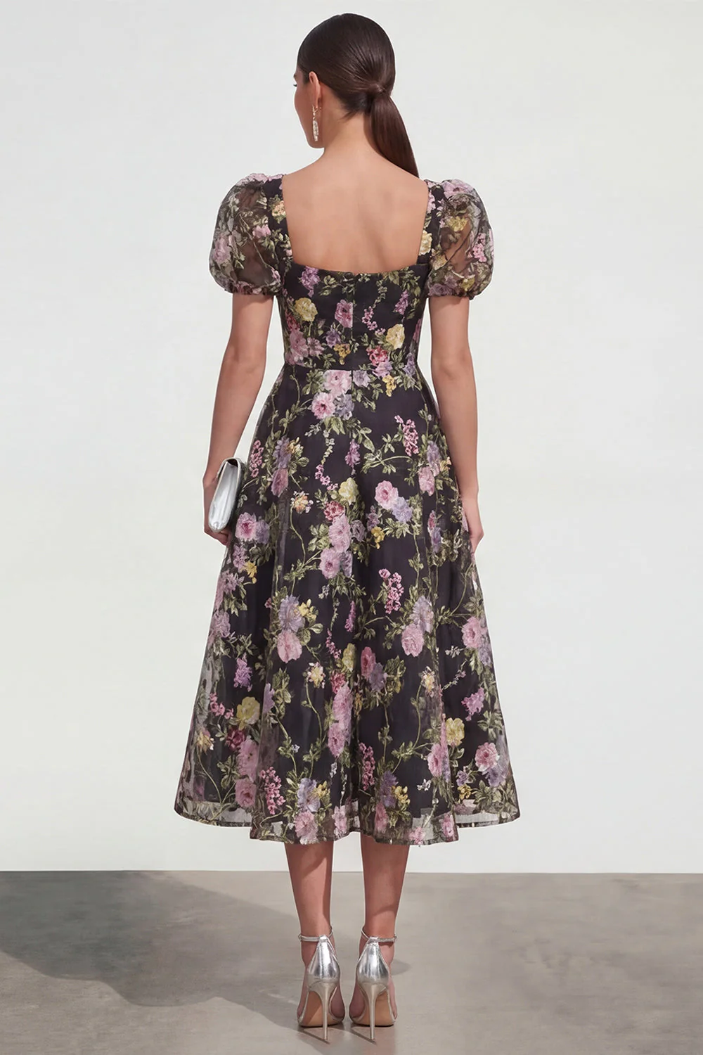 A Line Midi Multi Floral Dress with Puff Sleeves - Image 2
