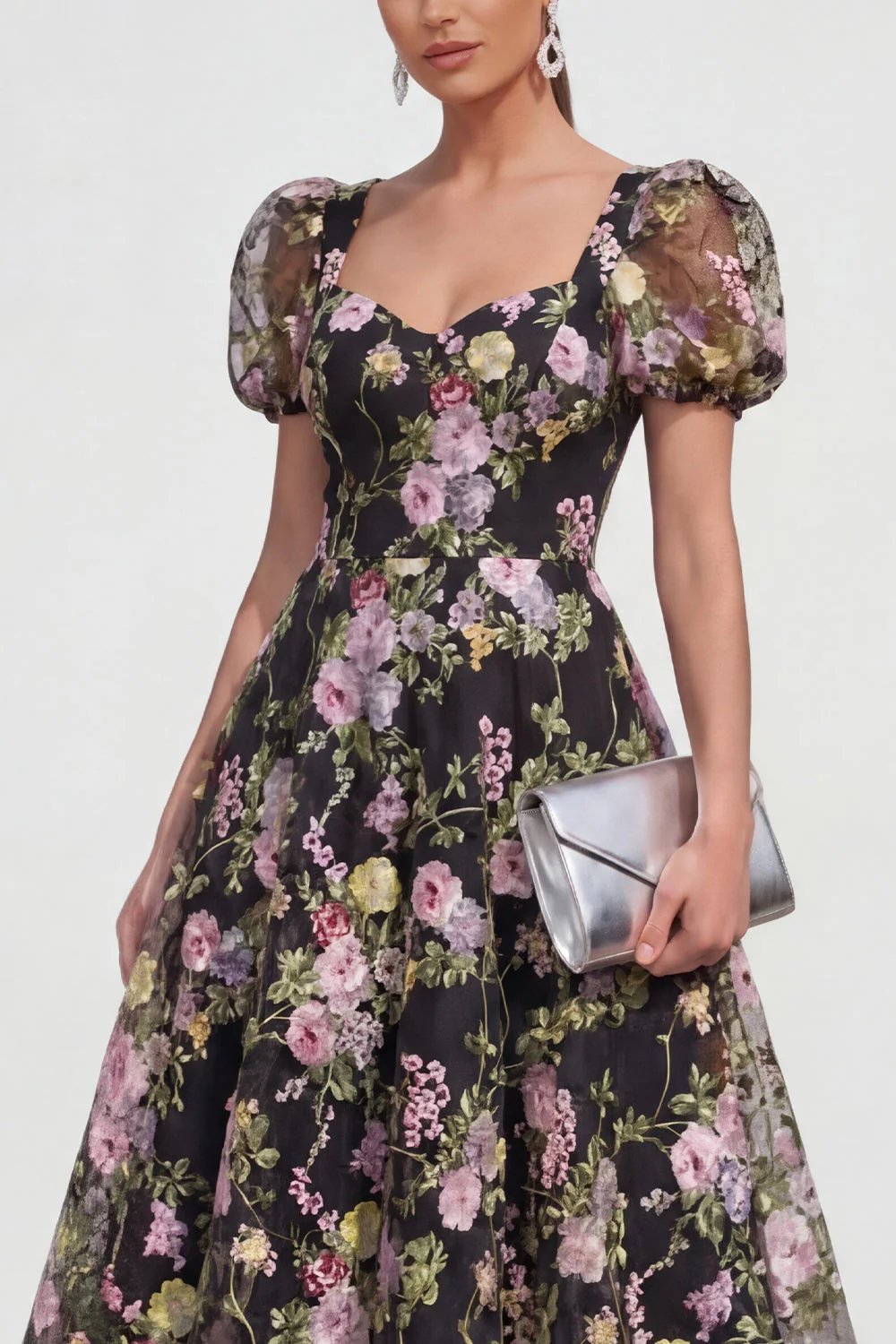 A Line Midi Multi Floral Dress with Puff Sleeves - Image 3