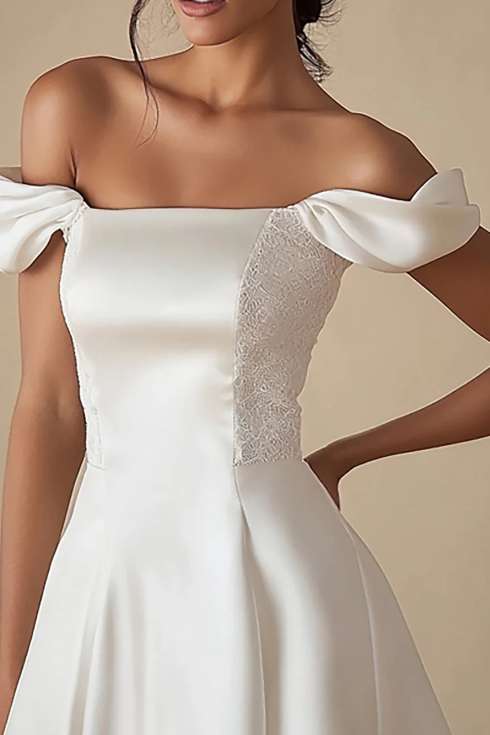 A-Line Off the Shoulder Laced Satin Little White Graduation Dress - Image 2