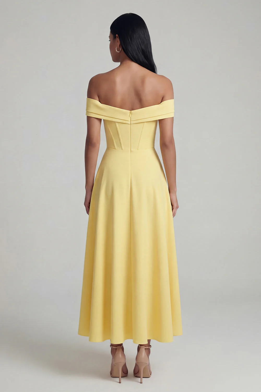 A-Line Off the Shoulder Yellow Corset Maxi Dress with Slit - Image 2