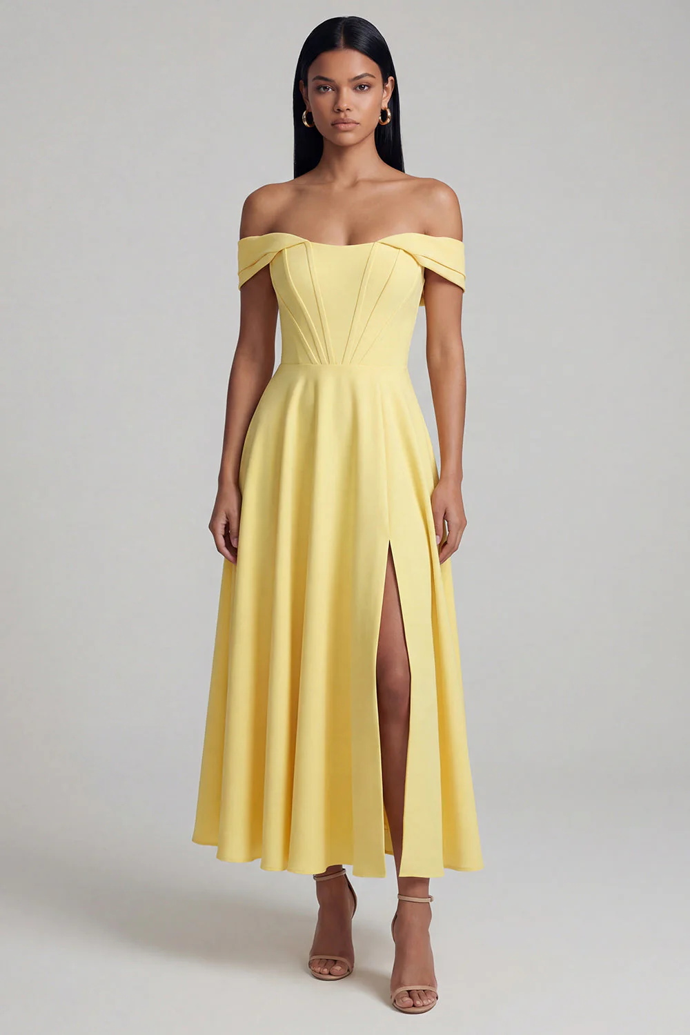 A-Line Off the Shoulder Yellow Corset Maxi Dress with Slit - Image 3