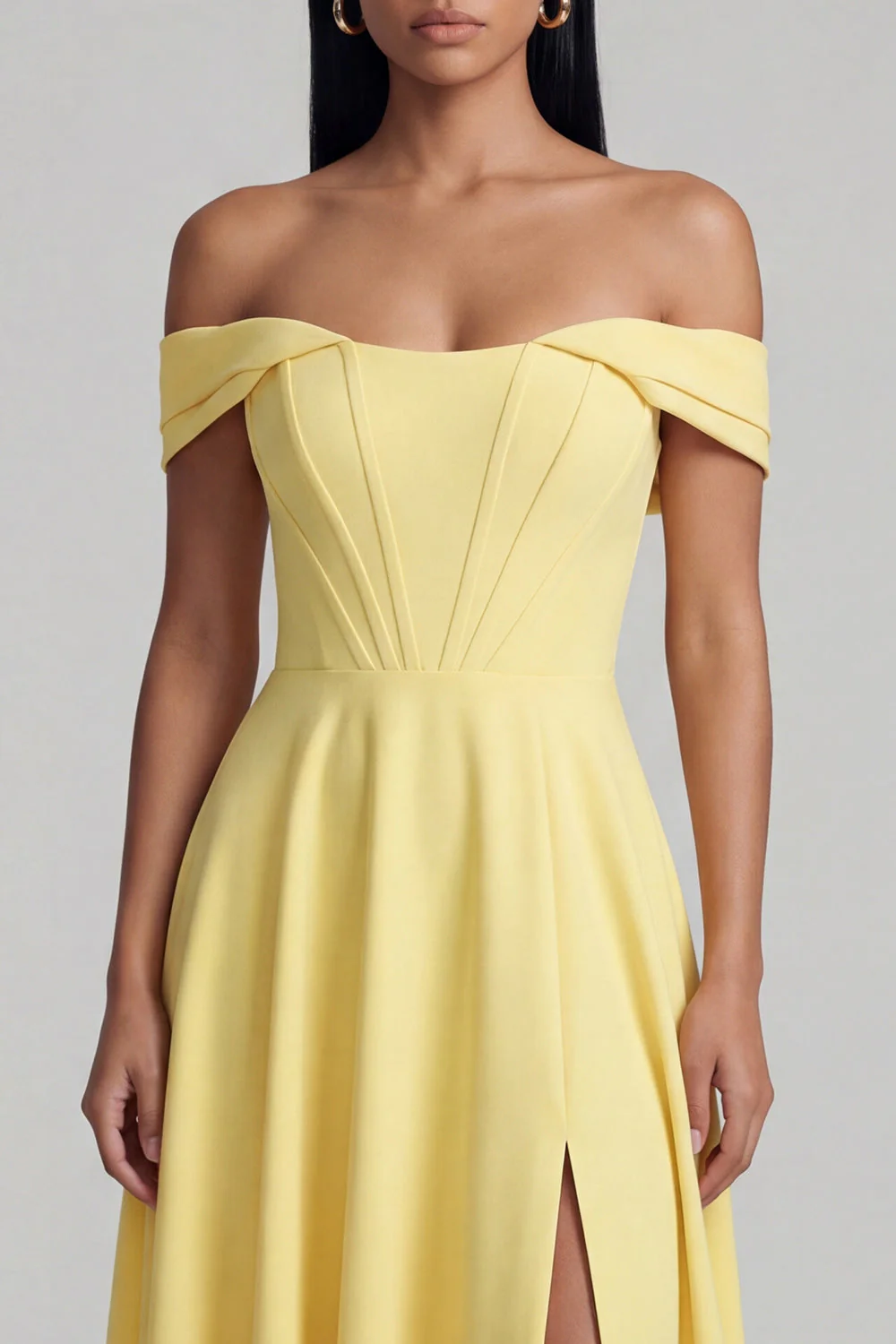 A-Line Off the Shoulder Yellow Corset Maxi Dress with Slit - Image 4