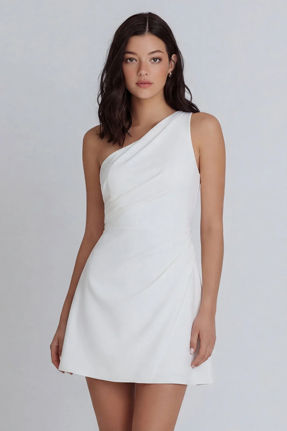 A-Line One Shoulder Ruched Little White Dress