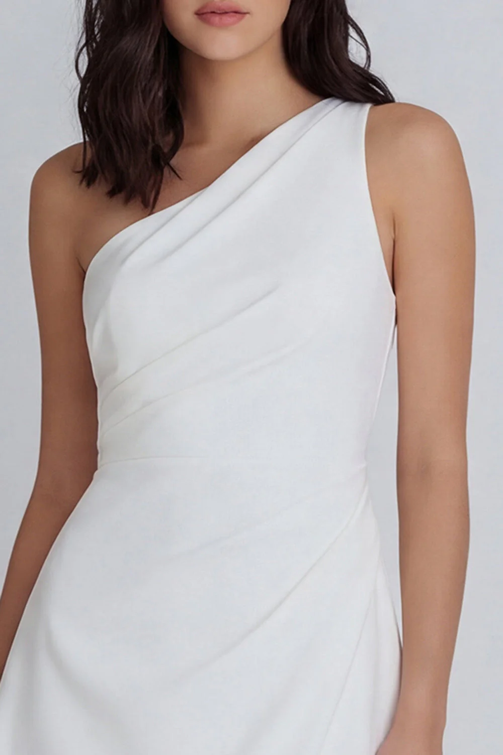 A-Line One Shoulder Ruched Little White Dress - Image 3