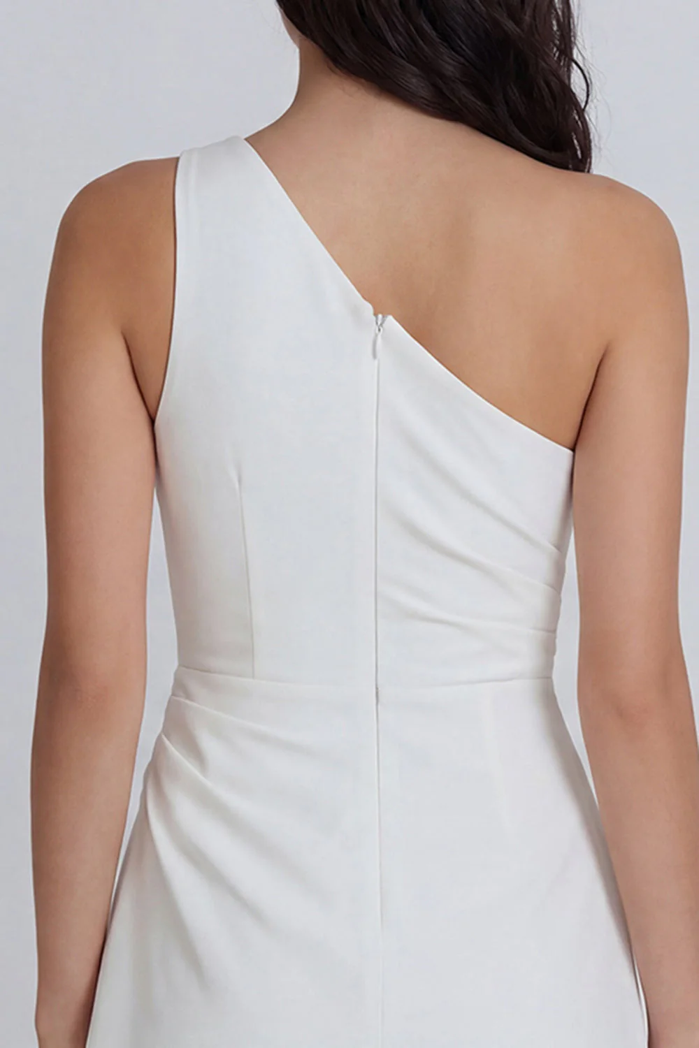 A-Line One Shoulder Ruched Little White Dress - Image 4