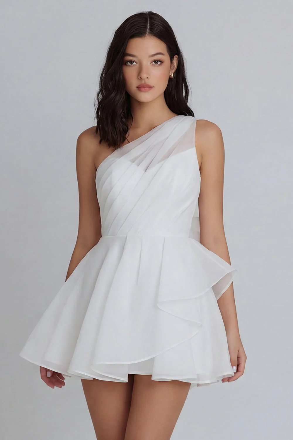 A-Line One Shoulder Tulle Ruched Little White Dress with Ruffles