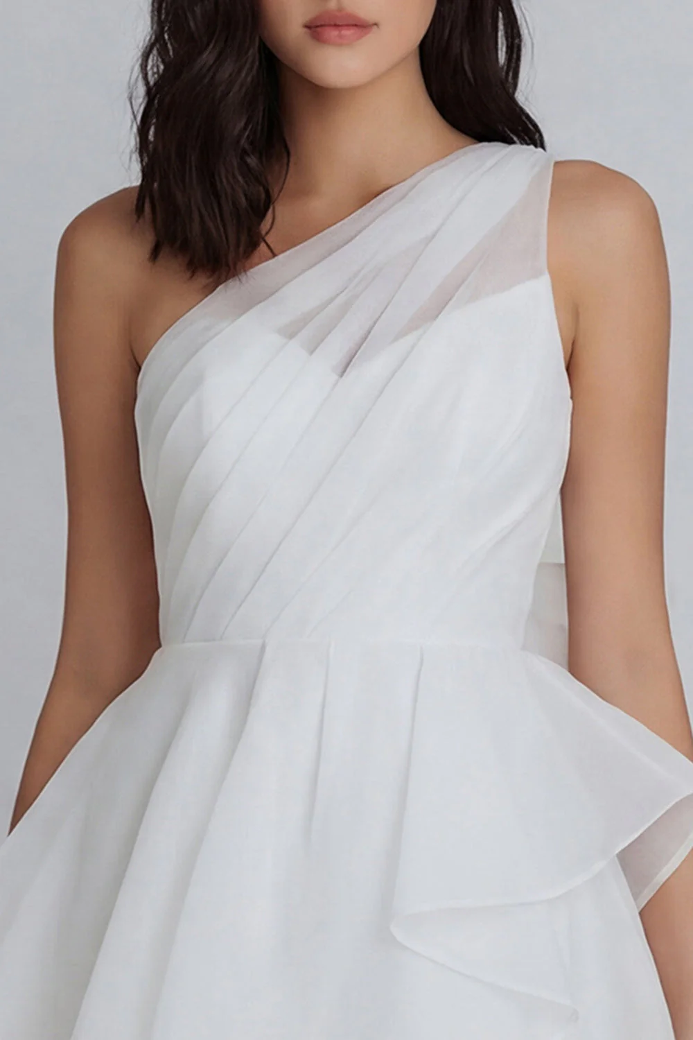 A-Line One Shoulder Tulle Ruched Little White Dress with Ruffles - Image 3