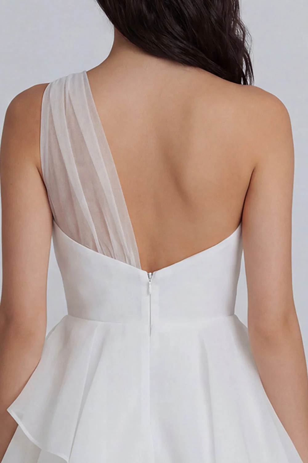 A-Line One Shoulder Tulle Ruched Little White Dress with Ruffles - Image 4