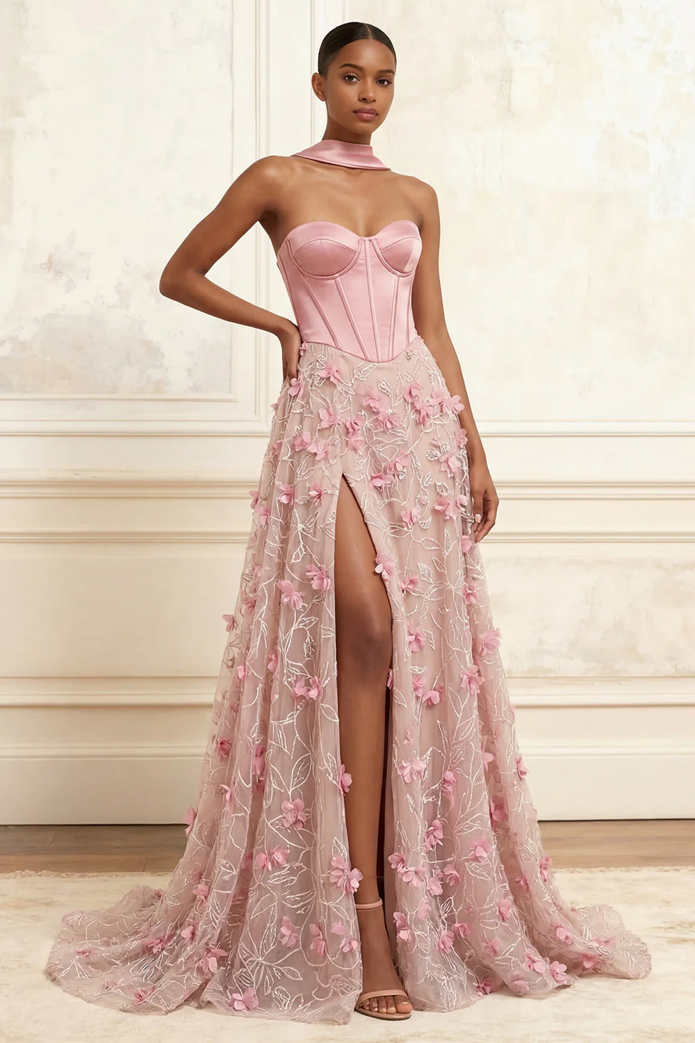 Pink A-Line Sweetheart Corset 3D Flowers Long Prom Dress with Slit