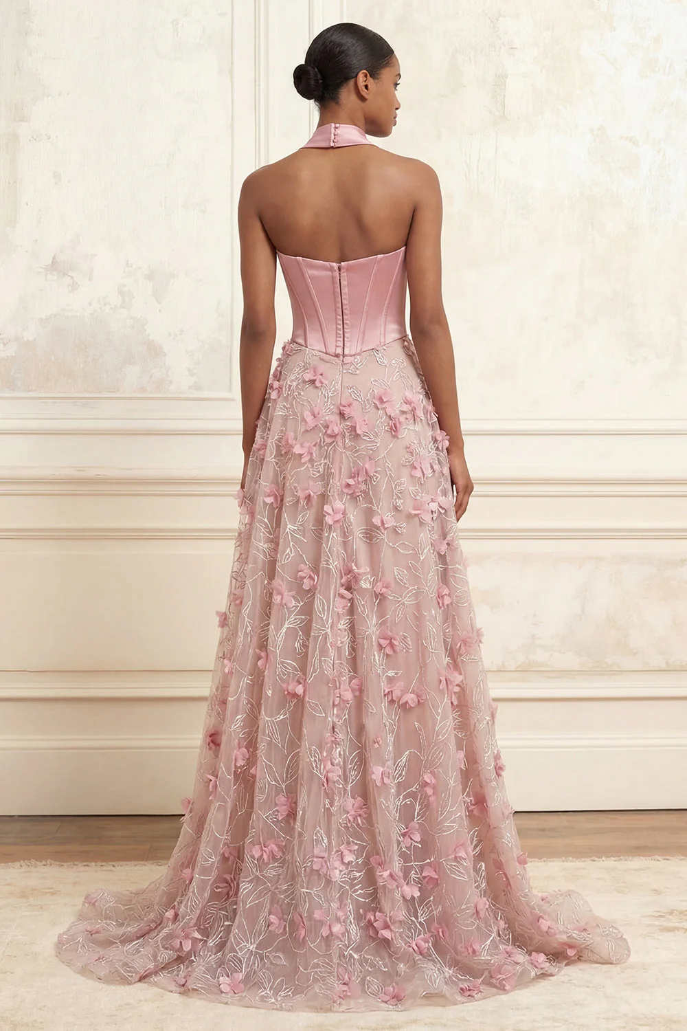 Pink A-Line Sweetheart Corset 3D Flowers Long Prom Dress with Slit - Image 2