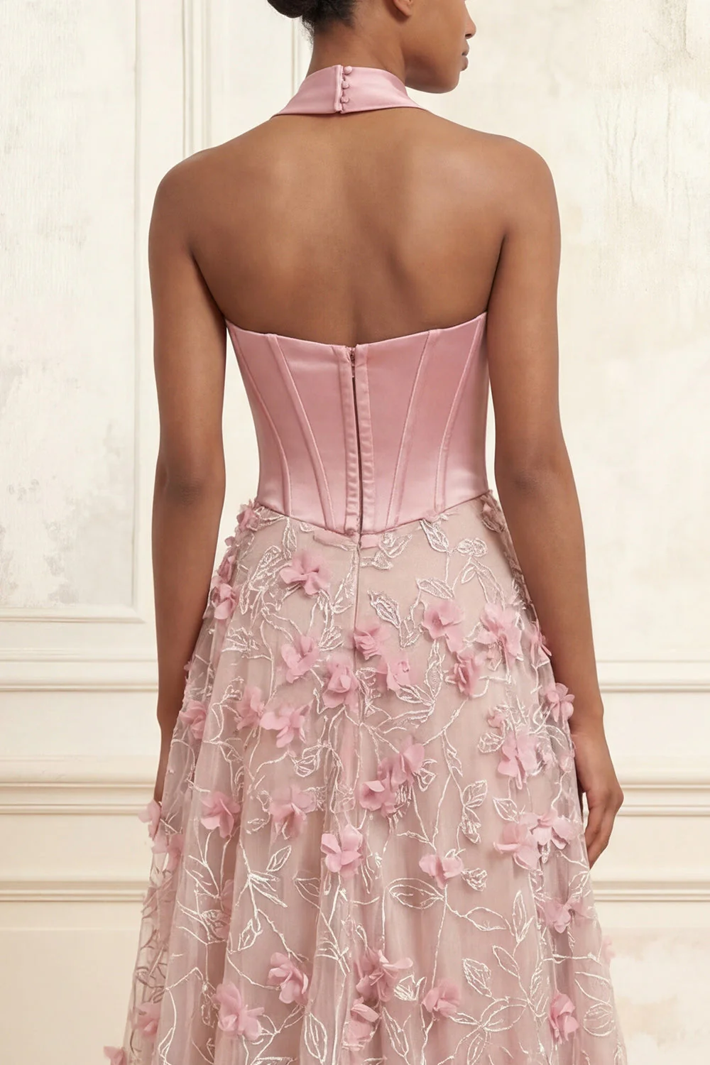 Pink A-Line Sweetheart Corset 3D Flowers Long Prom Dress with Slit - Image 4
