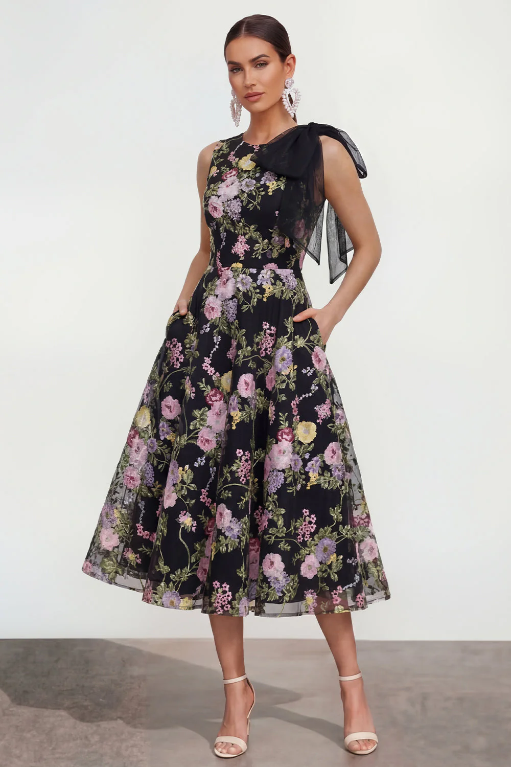 A Line Printed Bowed Midi Multi Floral Dress with Pockets