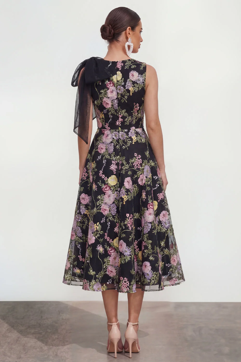 A Line Printed Bowed Midi Multi Floral Dress with Pockets - Image 2