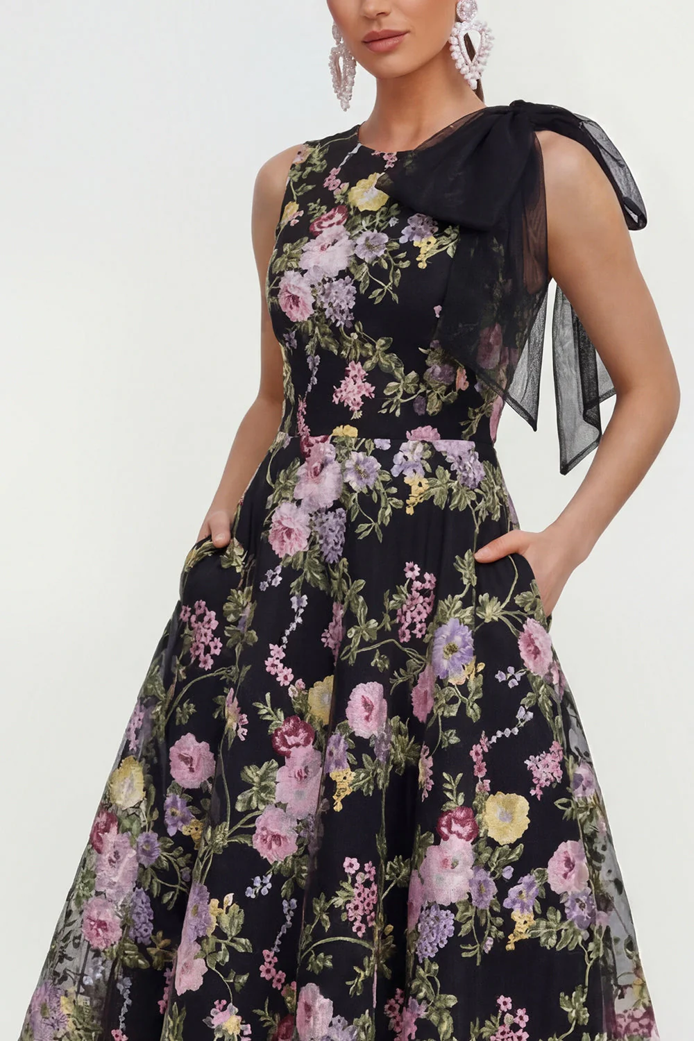 A Line Printed Bowed Midi Multi Floral Dress with Pockets - Image 3
