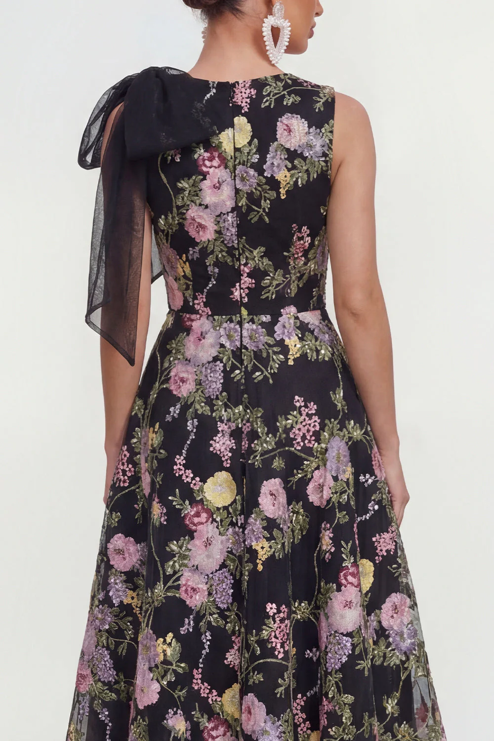 A Line Printed Bowed Midi Multi Floral Dress with Pockets - Image 4