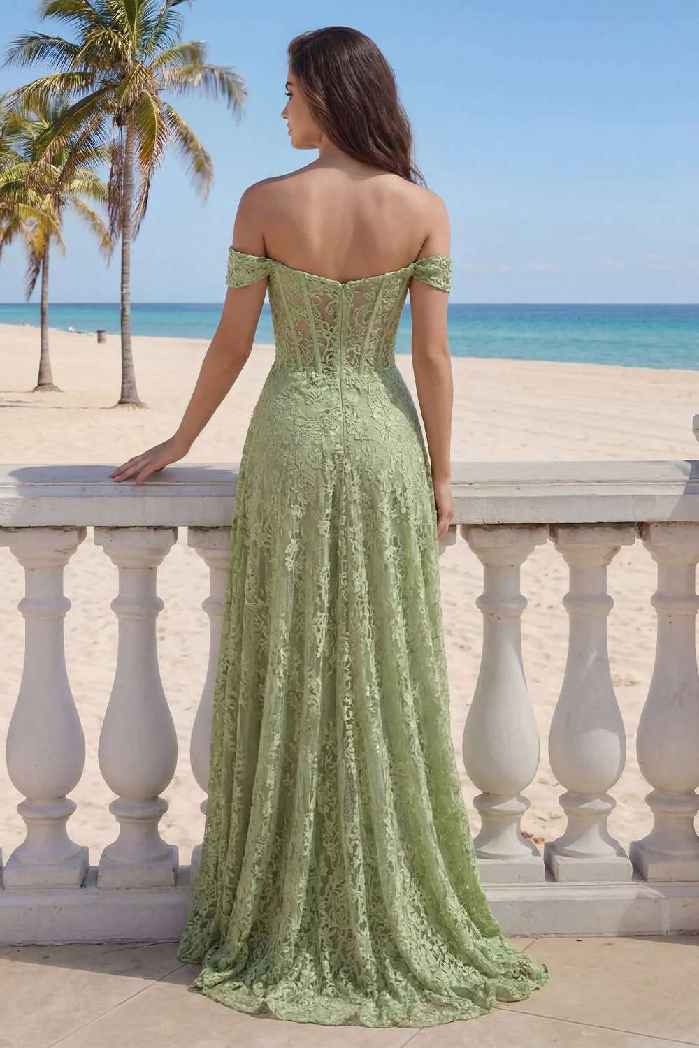 Sage Green Lace Off the Shoulder A-Line Long Prom Dress with Slit - Image 2