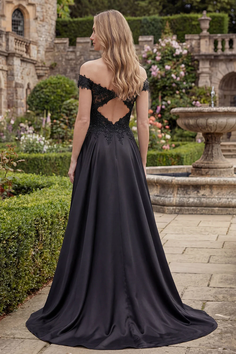 Black Off the Shoulder A-Line Back Keyhole Long Prom Dress - Image 2