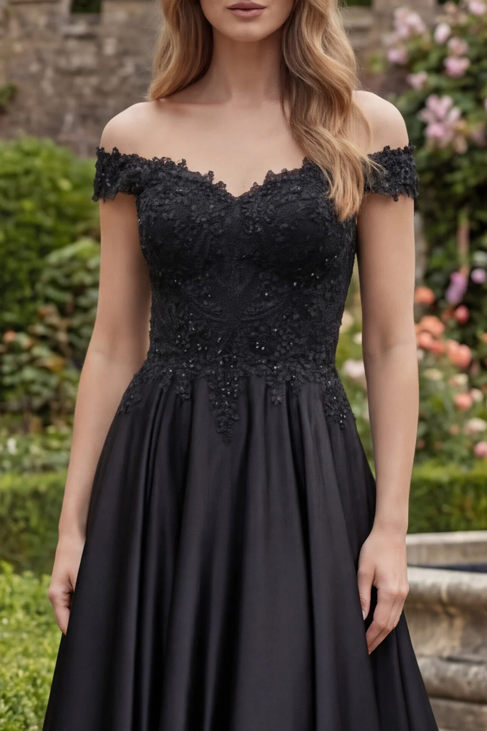 Black Off the Shoulder A-Line Back Keyhole Long Prom Dress - Image 3