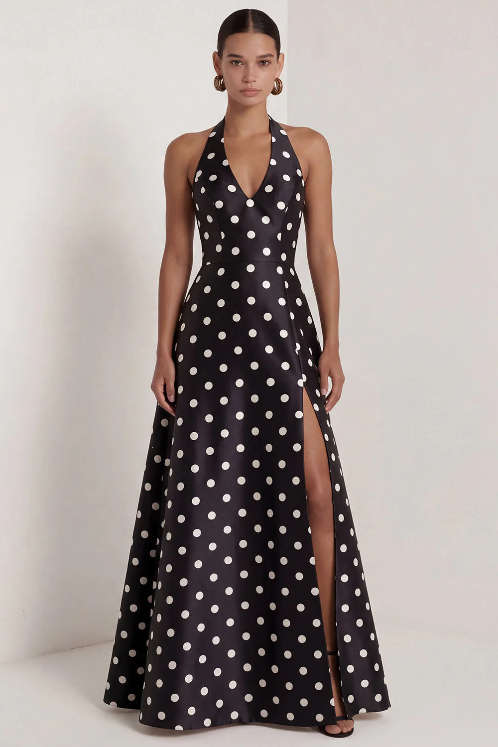 Black and White Halter A-Line Satin Long Polka Dots Dress with Slit