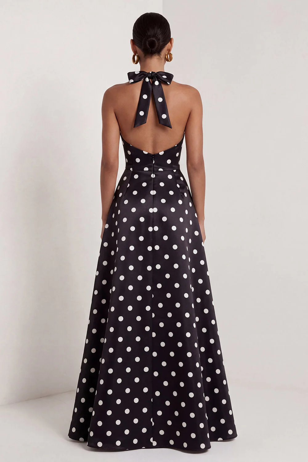 Black and White Halter A-Line Satin Long Polka Dots Dress with Slit - Image 2