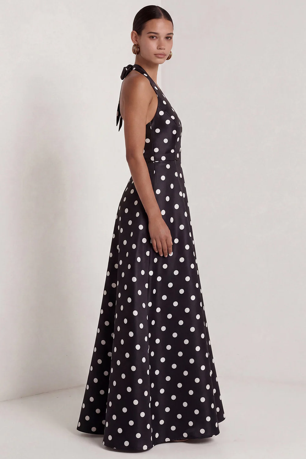Black and White Halter A-Line Satin Long Polka Dots Dress with Slit - Image 3