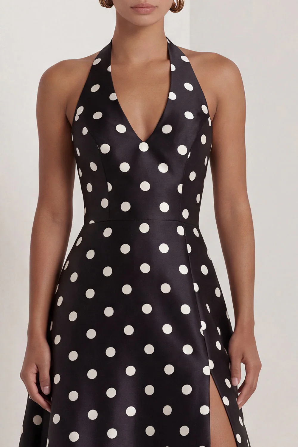 Black and White Halter A-Line Satin Long Polka Dots Dress with Slit - Image 4
