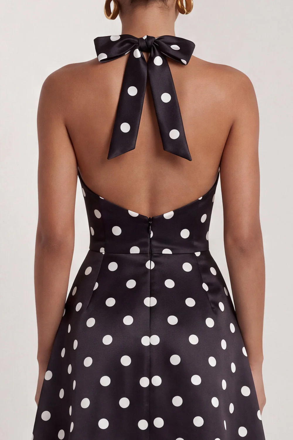 Black and White Halter A-Line Satin Long Polka Dots Dress with Slit - Image 5